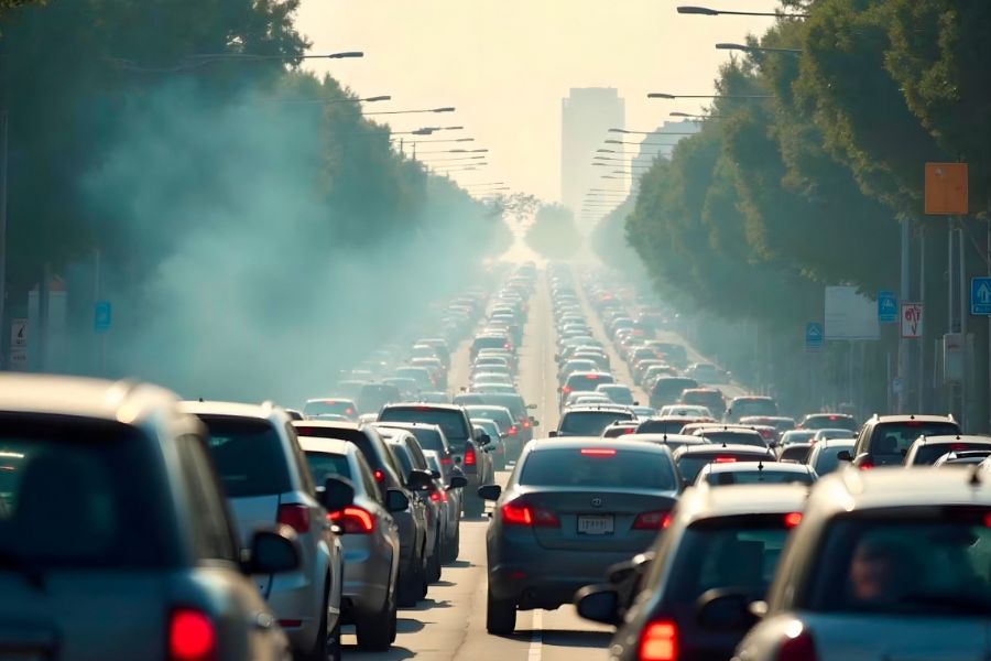 Trânsito intenso em avenida urbana com carros parados e poluição visível no ar